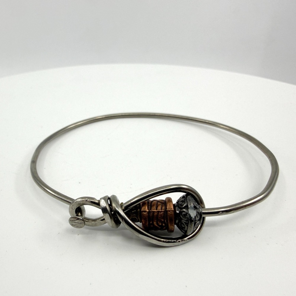Artisan Metal Bangle Bracelet Two-Tone Beads Unique Loop Clasp Boho Handcrafted